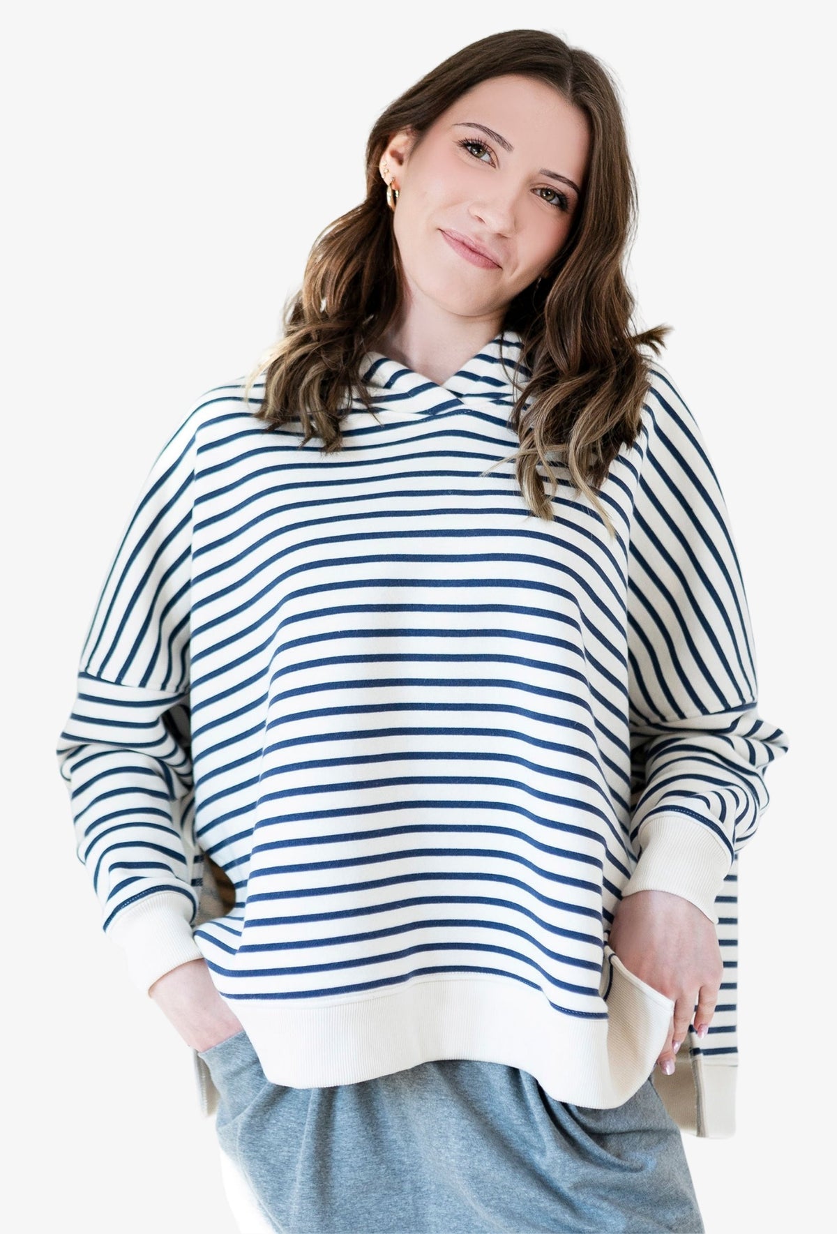 Bluza z kapturem EDEN SUMMER PASKI KREMOWO GRANATOWE