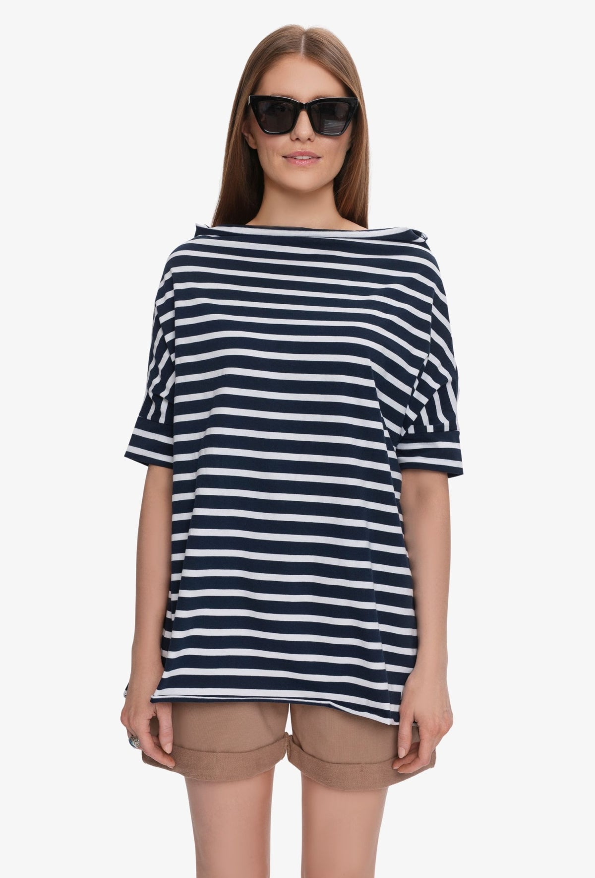 Koszulka oversize FOXY PASKI GRANATOWO BIAŁE