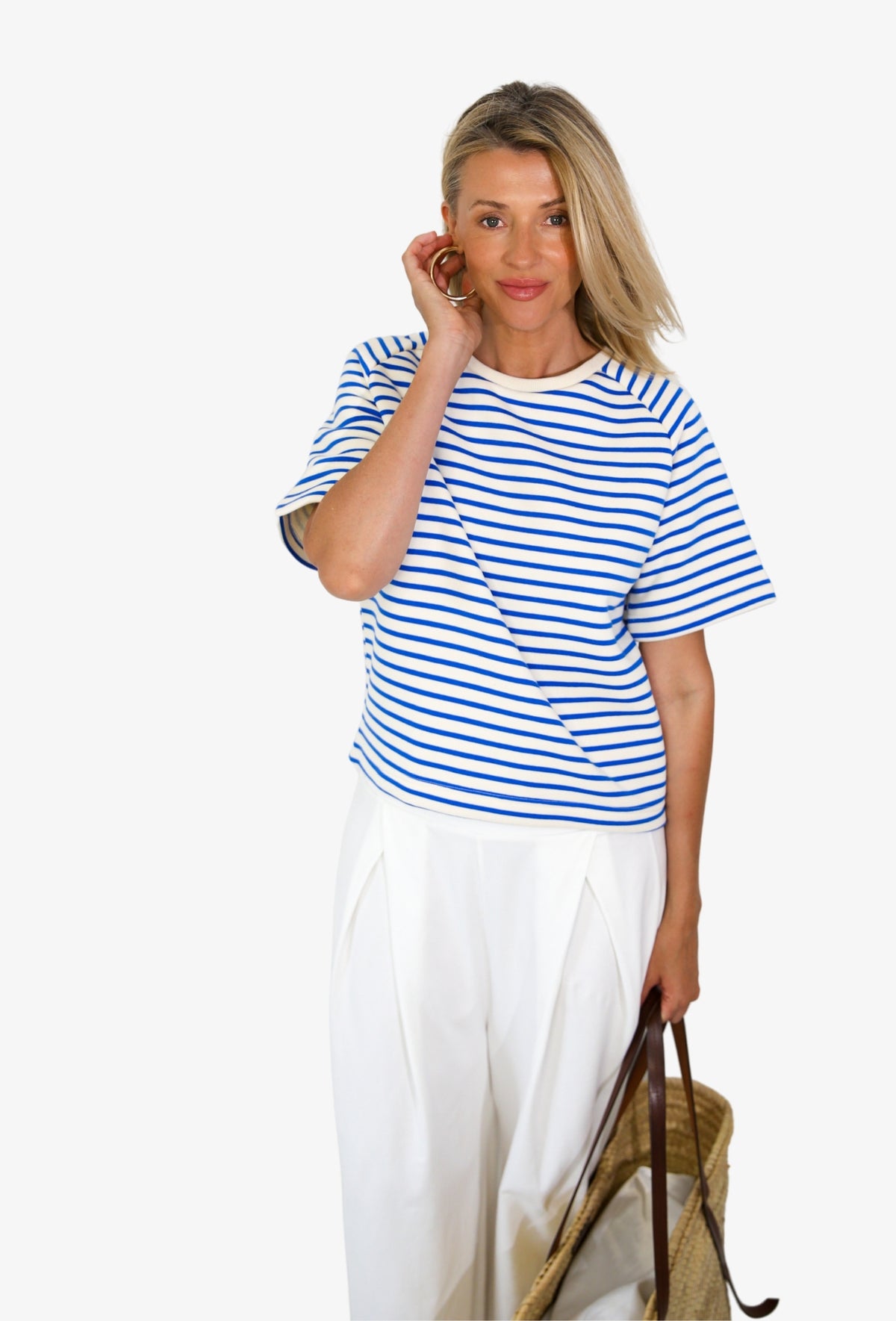 Bluza z krótkim rękawem BIBI PASKI KREMOWO NIEBIESKI